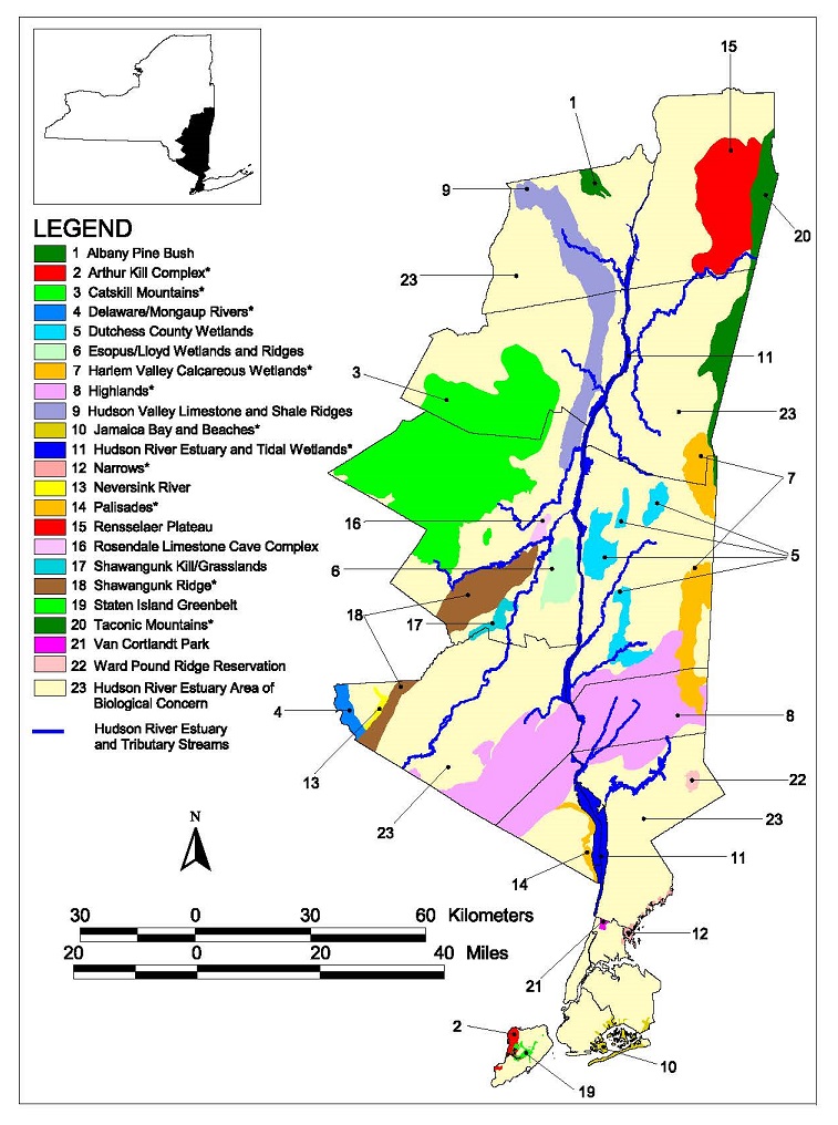 哈德逊河口走廊的重要生物多样性区域地图
