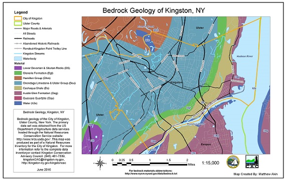 Bedrock地质地图来自金斯敦市自然资源库存，不同的基岩地质类型以不同的颜色显示。有关该项目的更多信息，请访问https://www.kingston-ny.gov/nri