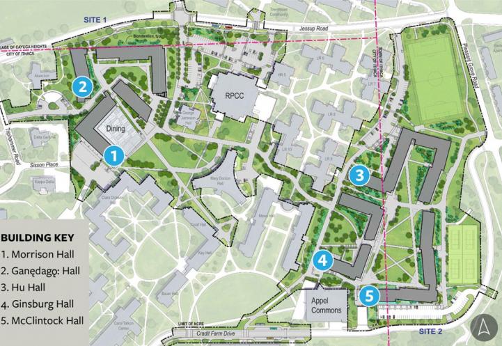 康奈尔大学北校区的地图，标明新宿舍楼的位置